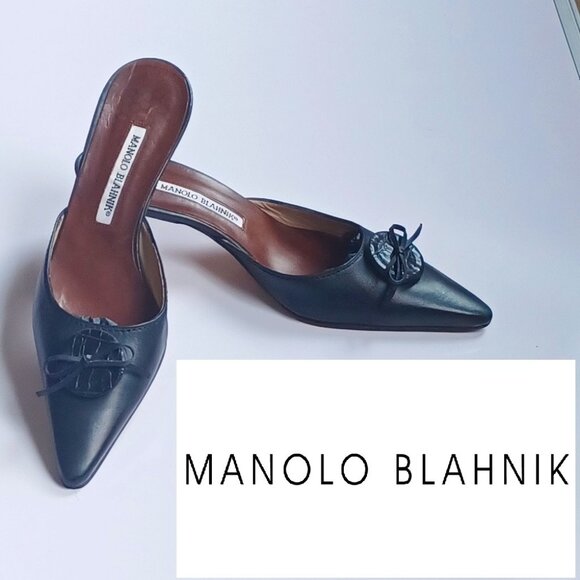 Manolo Blahnik Black Leather Mules Kitten Heels